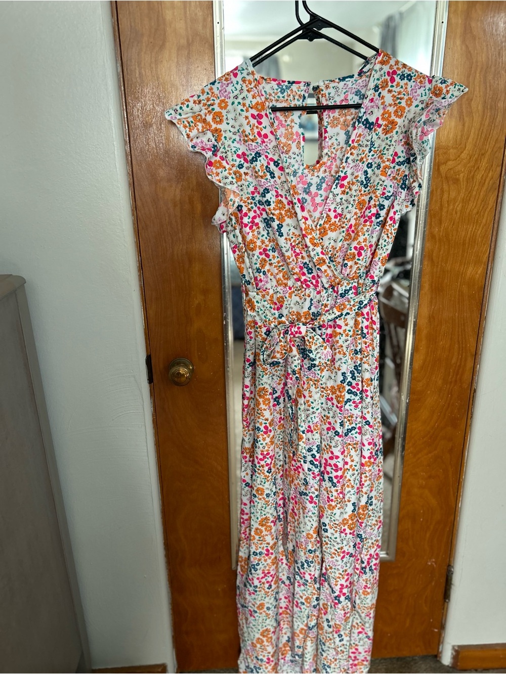 Floral Wrap Jumpsuit in White with Pink & Orange Accents